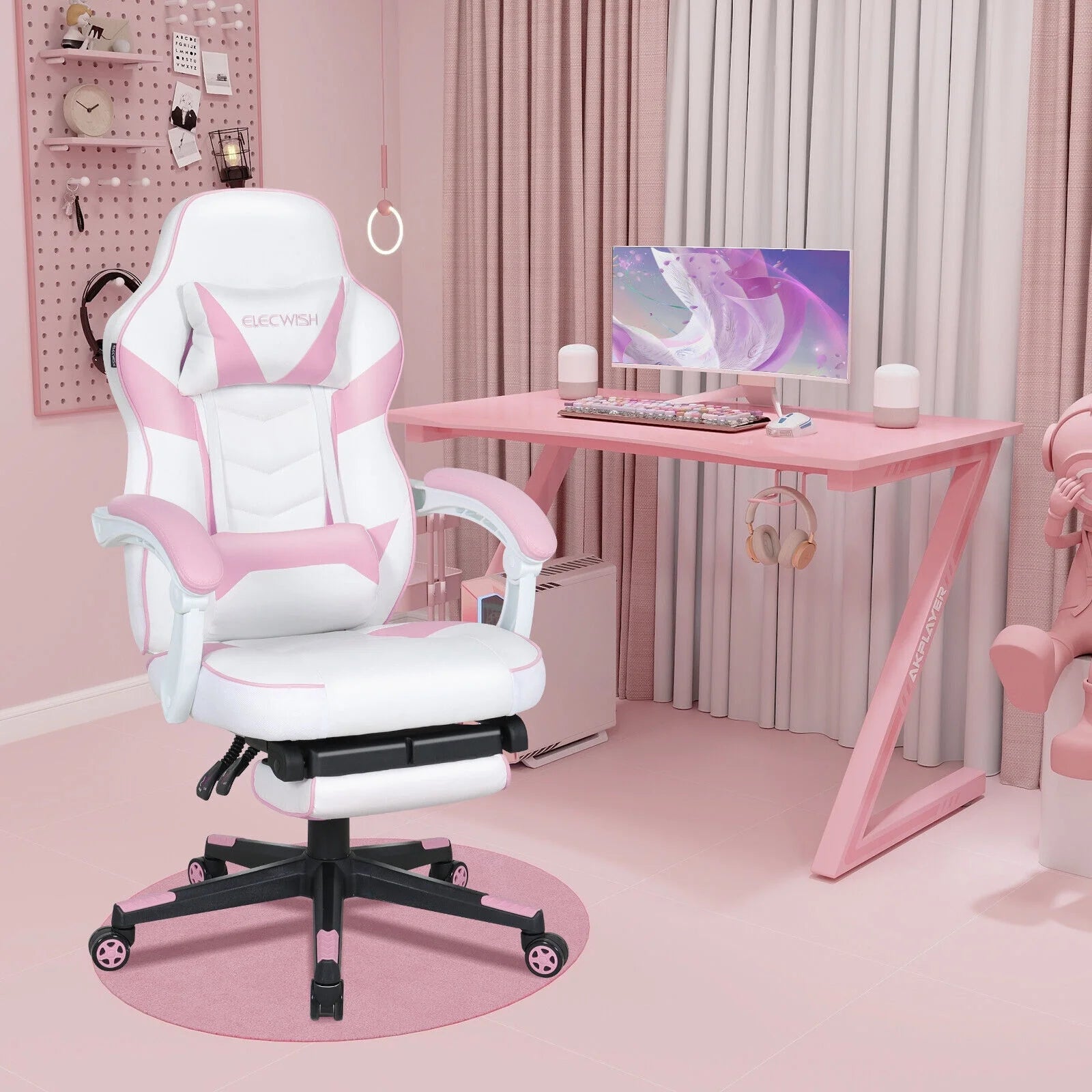 ELECWISH Gaming Chair Adjustable Lumbar Support Swivel Office Chair, Pink T526