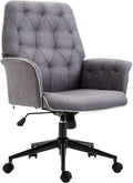 Vinsetto Linen Home Office Chair, Tufted Height Adjustable Computer Desk Chair With Swivel Wheels And Padded Armrests, Dark Gray