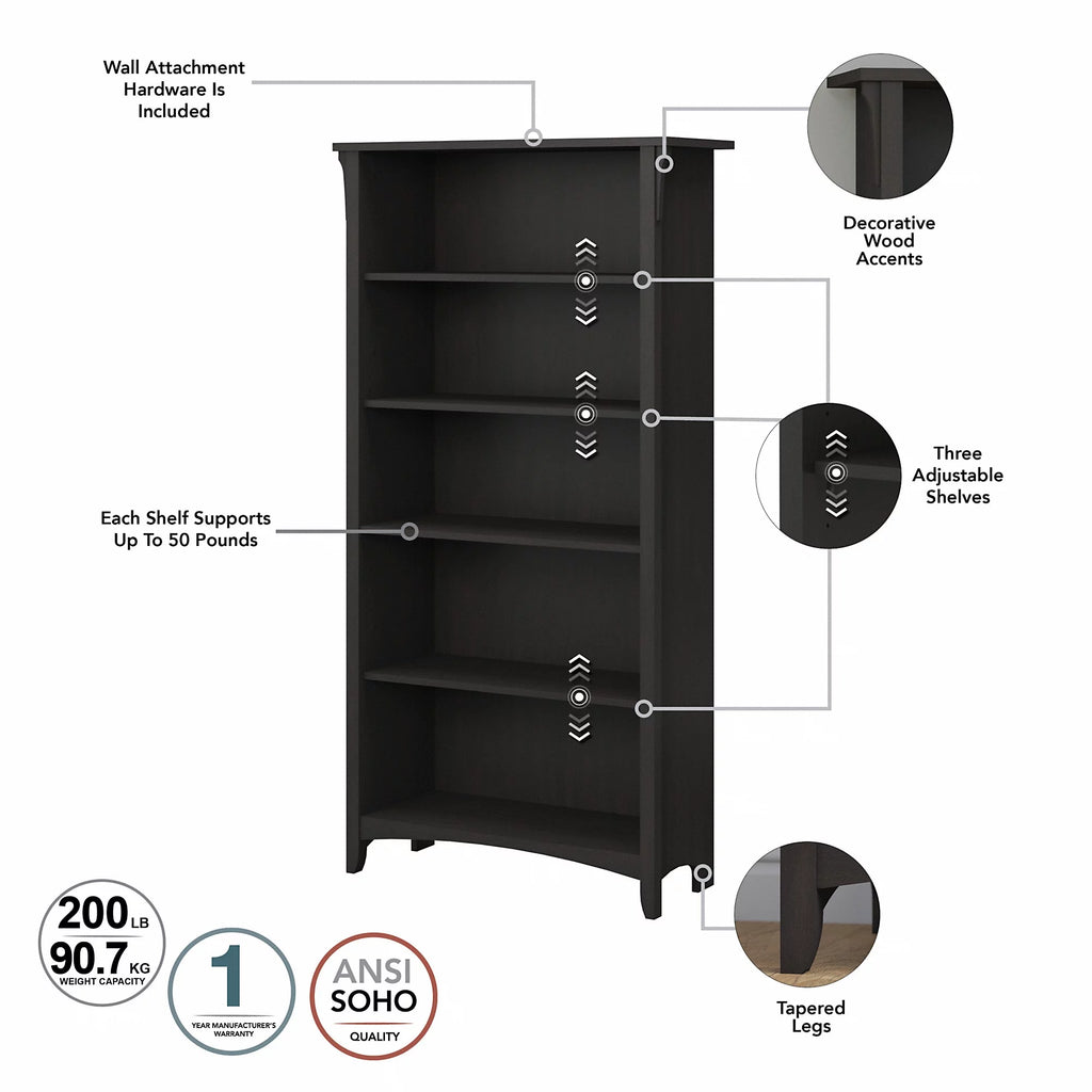Bush Furniture Salinas 5 Shelf Bookcase, Set of 2, Vintage Black V905