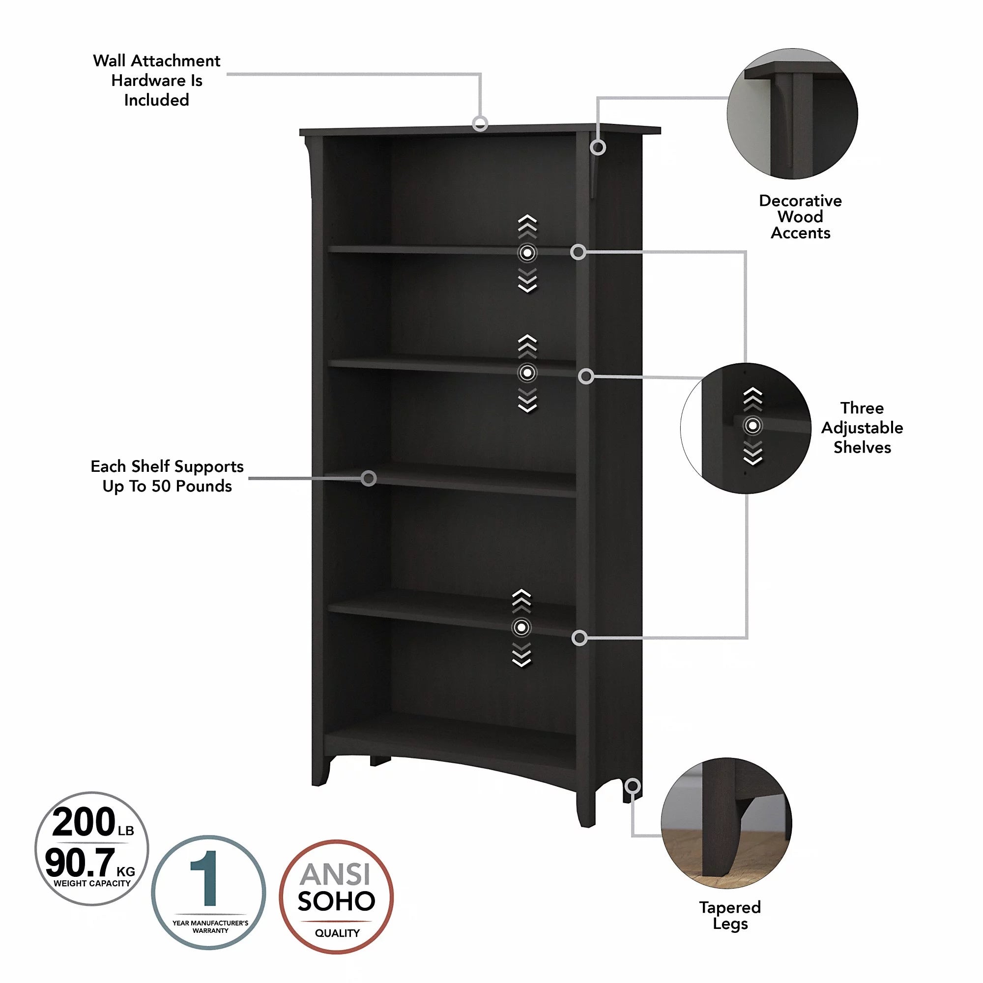 Bush Furniture Salinas 5 Shelf Bookcase, Set of 2, Vintage Black V905
