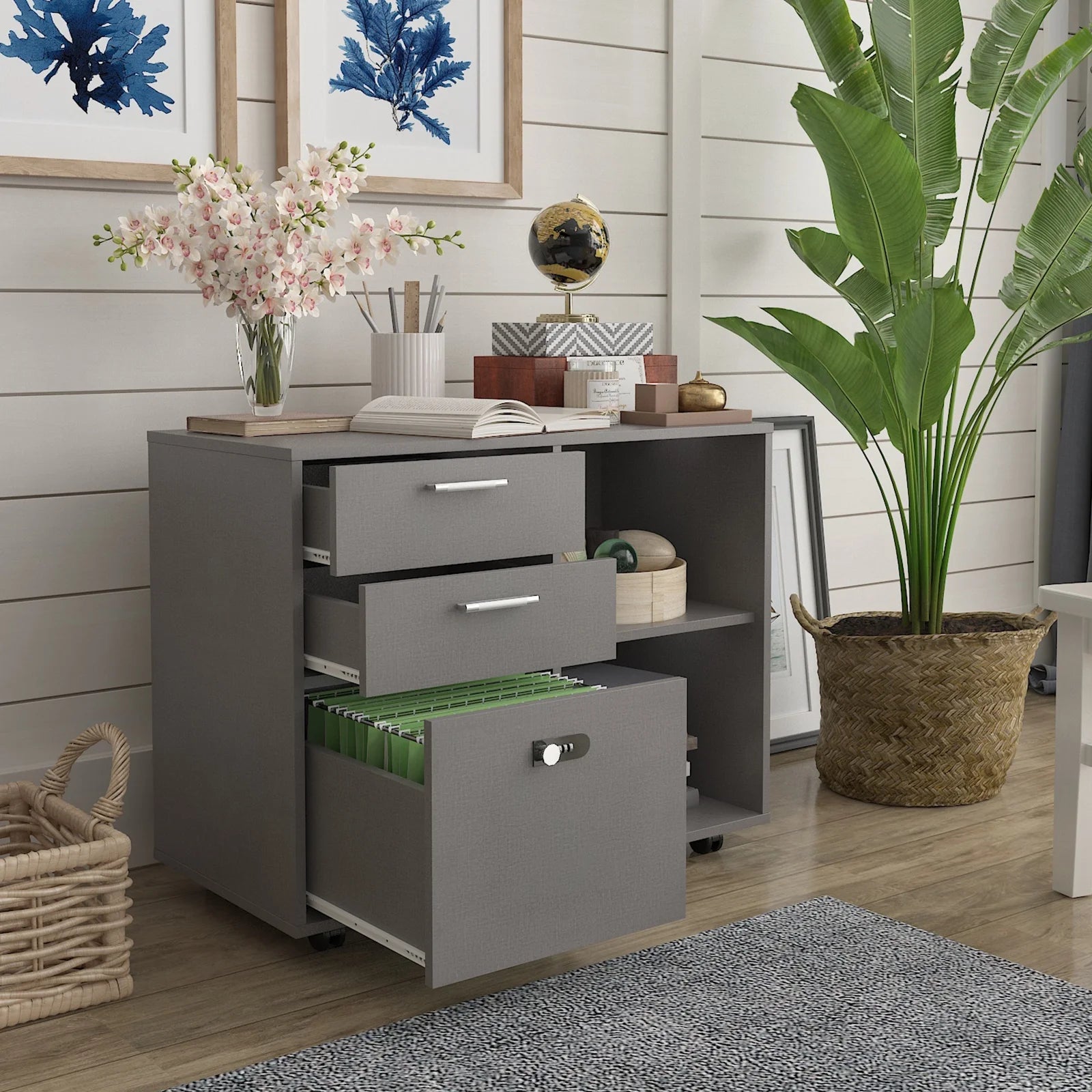 Wood File Cabinet with Coded Lock, Mobile Lateral Printer Stand U113465