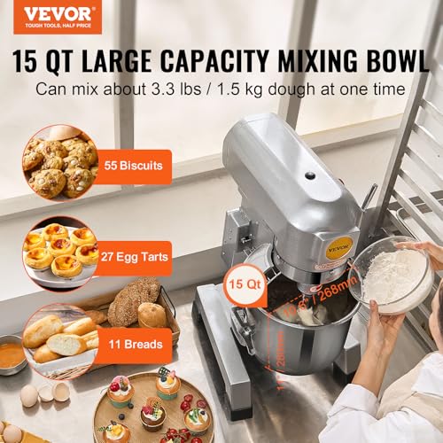 VEVOR Commercial Food Mixer 10Qt Stainless Steel Bowl, 450W 3 Speeds R82048