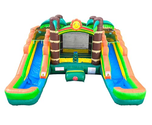 Pogo Bounce House Crossover Tropical Inflatable with Double Water Slides for Kids C150758
