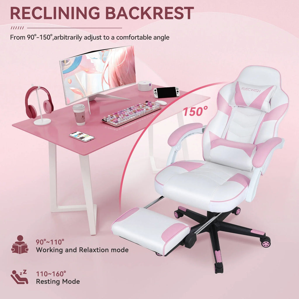 ELECWISH Gaming Chair Adjustable Lumbar Support Swivel Office Chair, Pink T526