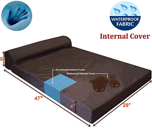 Premium HeadRest Pillow Orthopedic Memory Foam Dog Bed for Large Dogs, Waterproof Washable Suede Brown Cover, Extra Large Z621