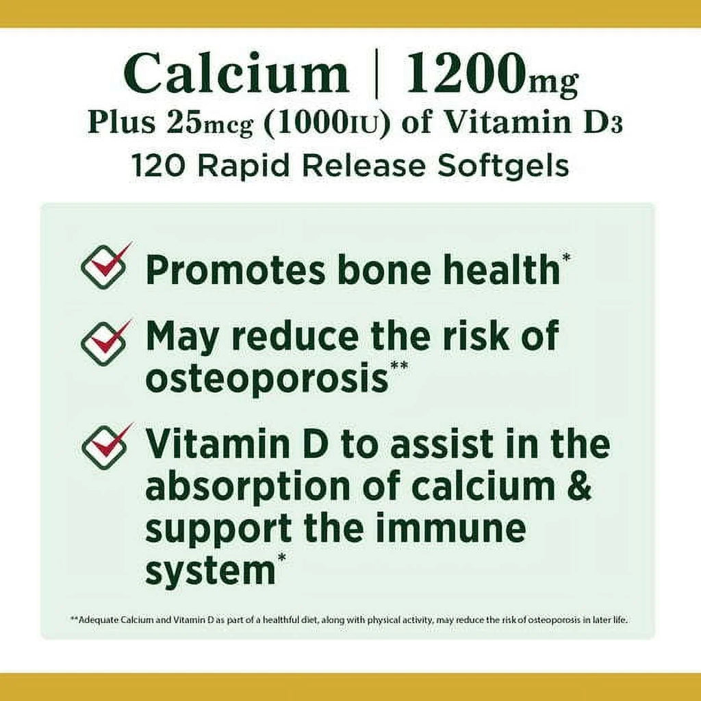Nature's Bounty Calcium + Vitamin D3 Softgels, 1200 mg, 120 Count S142