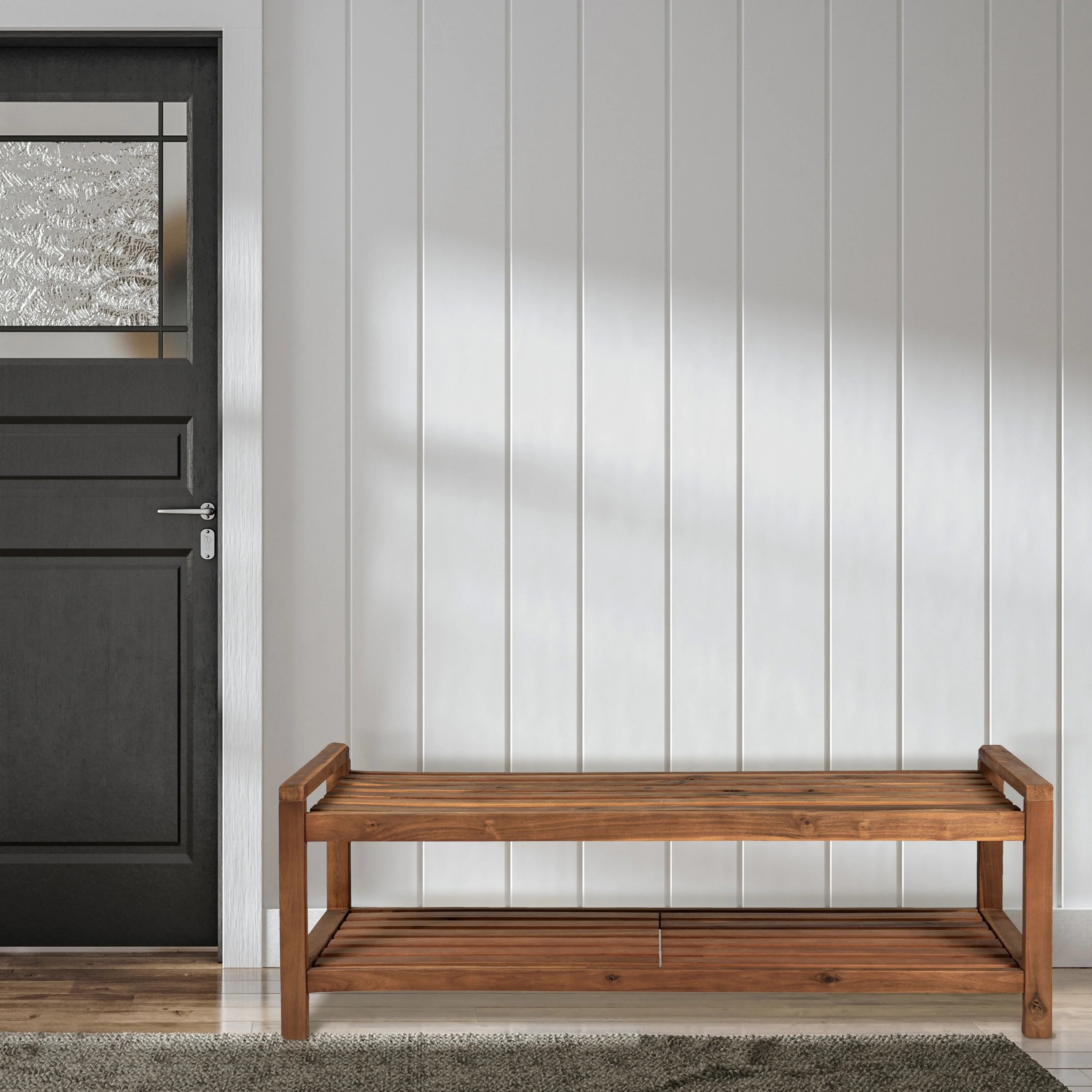 JONATHAN Y Lutyens 50.8" 3-Seat Mid-Century Modern 600-Lbs Support Acacia Wood Slat Outdoor Garden Patio Bench, Teak, by