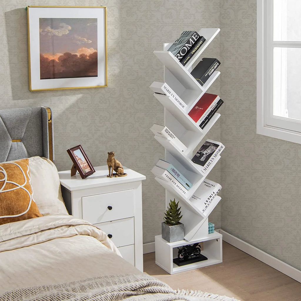 White Wooden Tree Bookshelf with Drawer, 10 Shelves J7898
