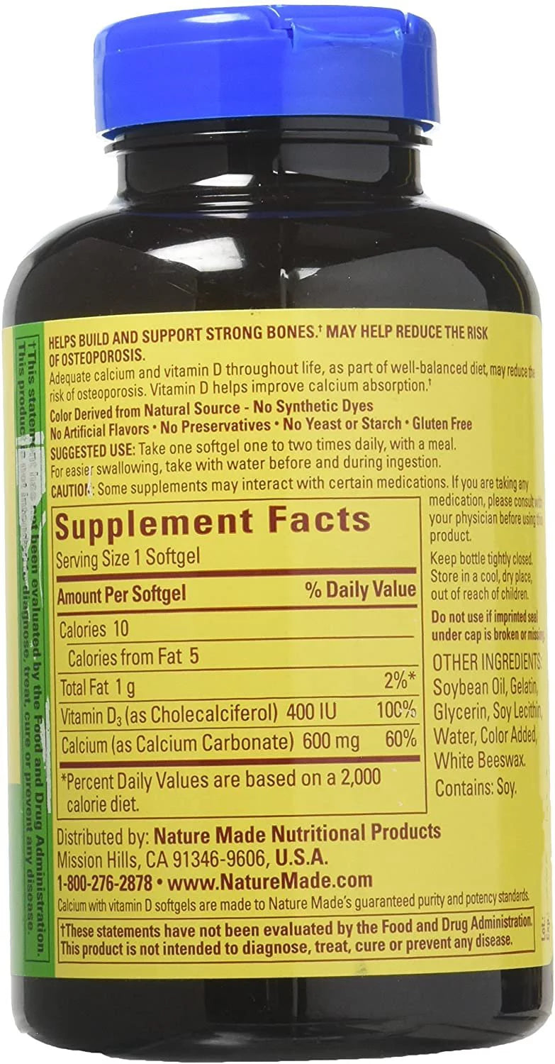 Nature Made Calcium 600 mg with Vitamin D Liquid Softgels, 100 Count (Pack of 4) F880910