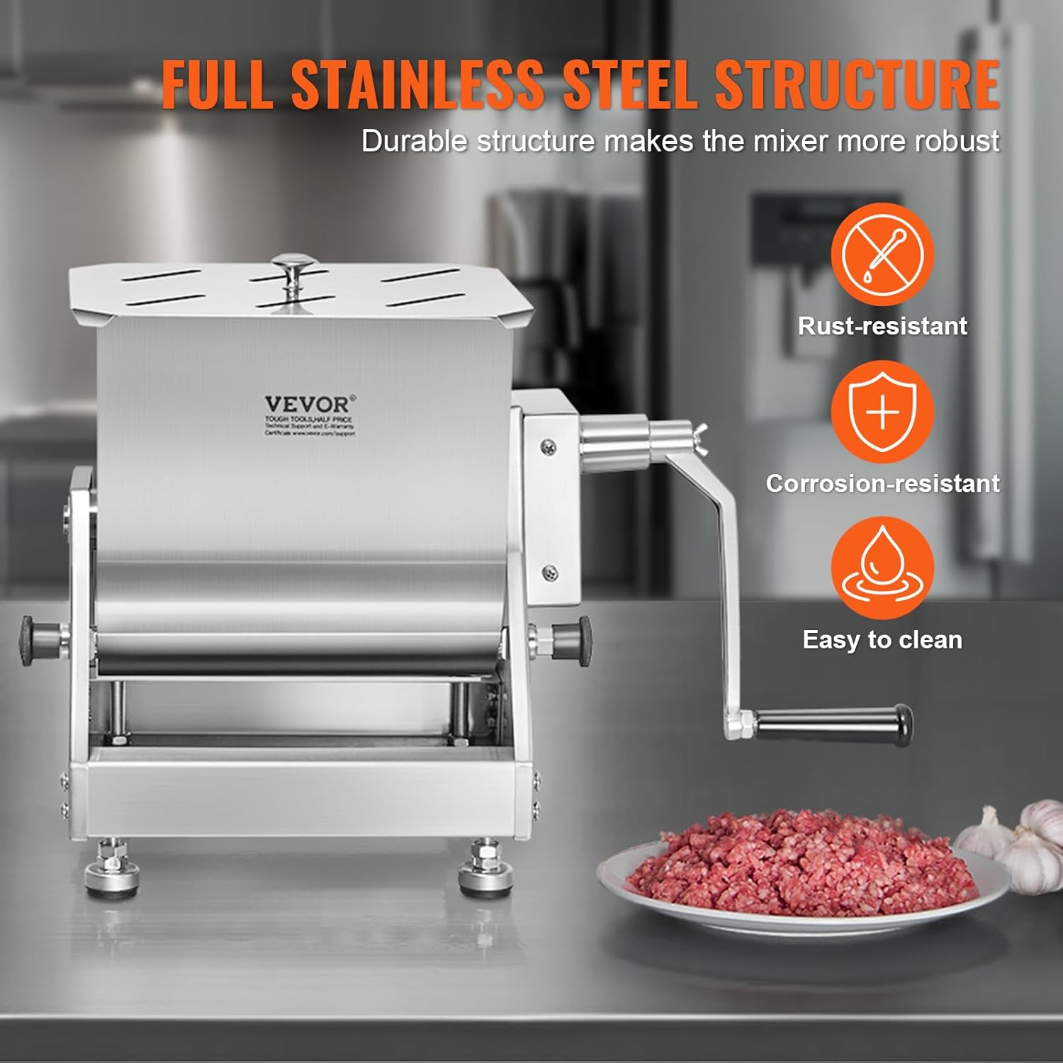 VEVOR Manual Meat Mixer, 30 lb Capacity, Stainless Steel Tilt Tank U2154