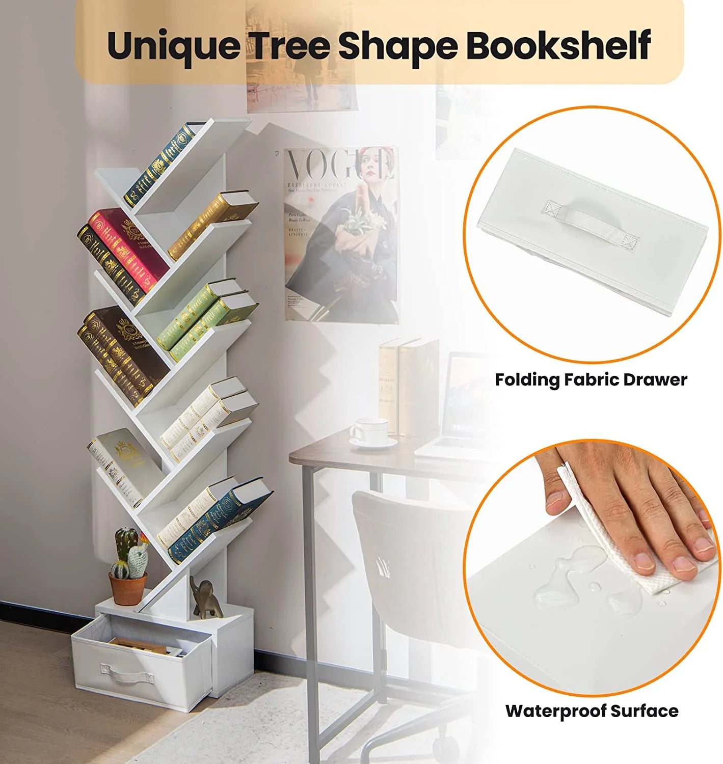 White Wooden Tree Bookshelf with Drawer, 10 Shelves J7898