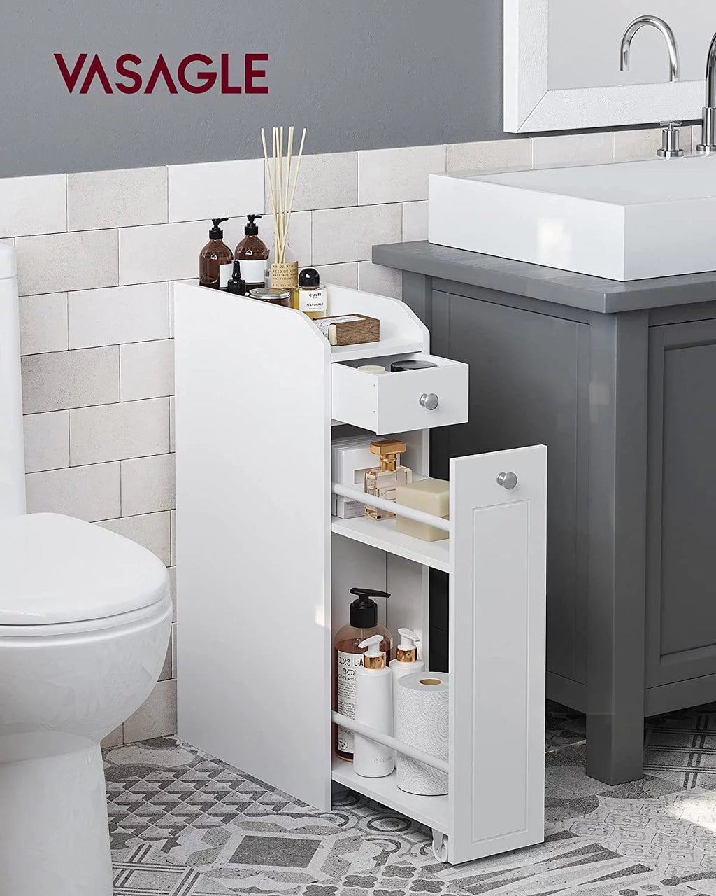YINCHEN Small Bathroom Storage Cabinet with Toilet Paper Holder, White H76028