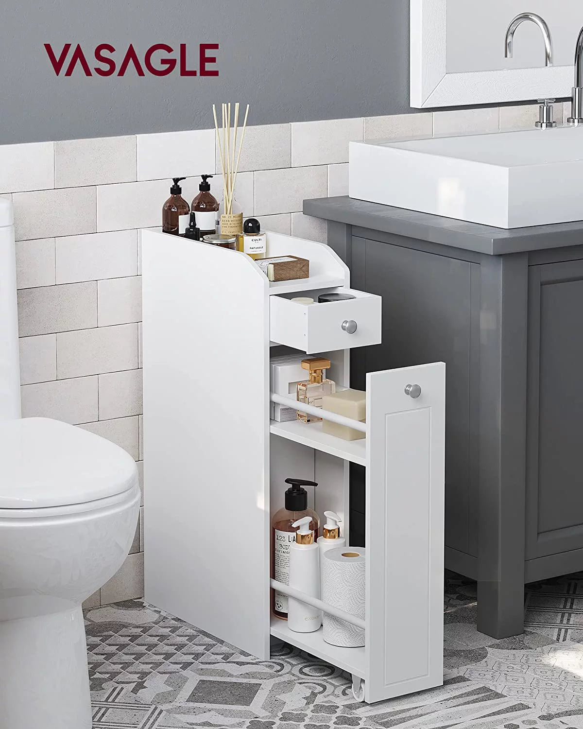 YINCHEN Small Bathroom Storage Cabinet with Toilet Paper Holder, White H76028