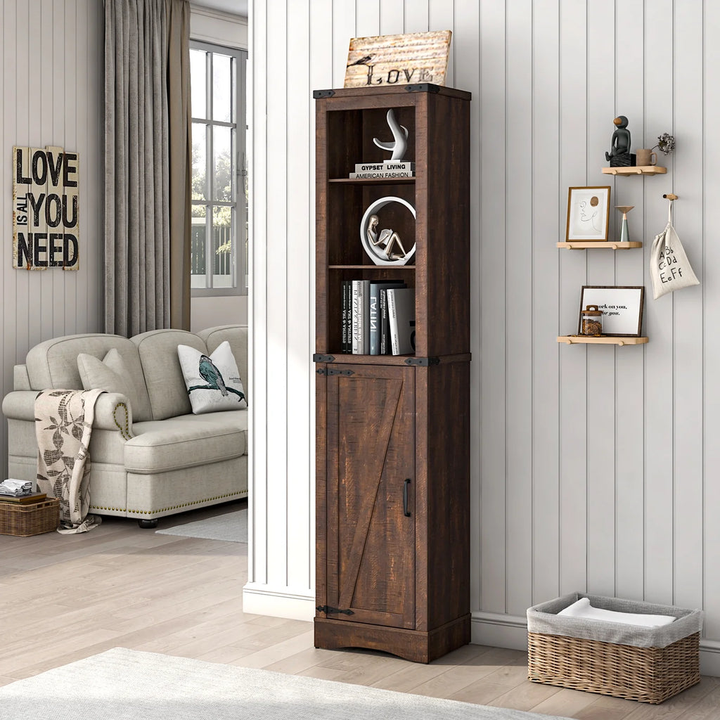 ChVans Farmhouse Storage Cabinet, 5-Shelf Tall Bathroom Organizer with Barn Door, Brown W446800