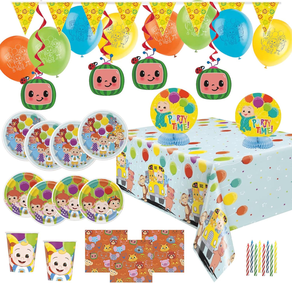 CoComelon Birthday Party Supplies | CoComelon Party Decorations for Girls or Boys | 1st or 2nd Birthday Theme | Decoration Kit, Balloons, Tablecloth, Plates, Napkins, Candles | Serves 16 Guests