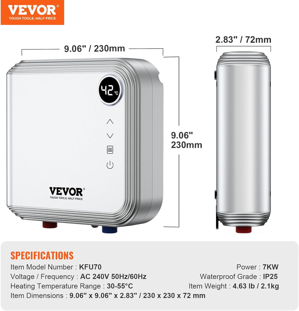 VEVOR Tankless Water Heater Electric 7kW, Digital Display, Under Sink Instant Boiler R28578