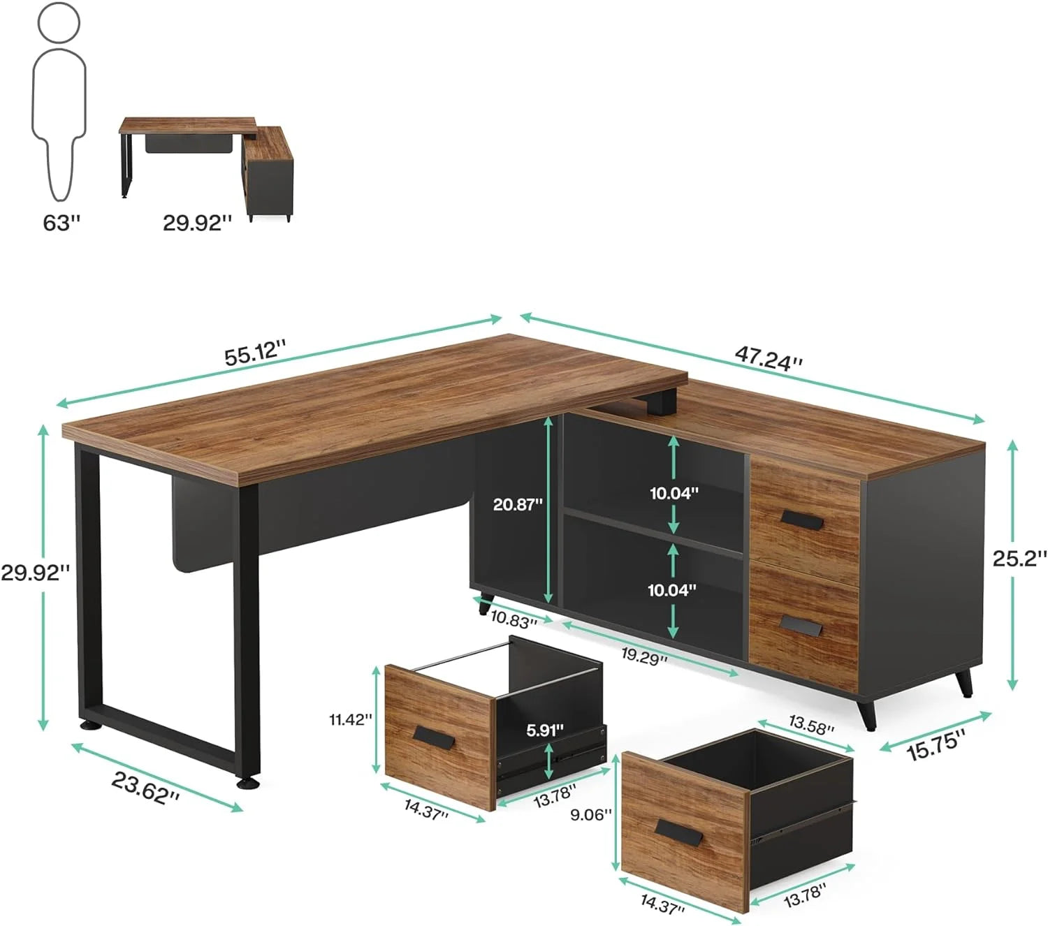 L Shaped Desk with File Drawer, 55 Inch Executive Office Desk T816