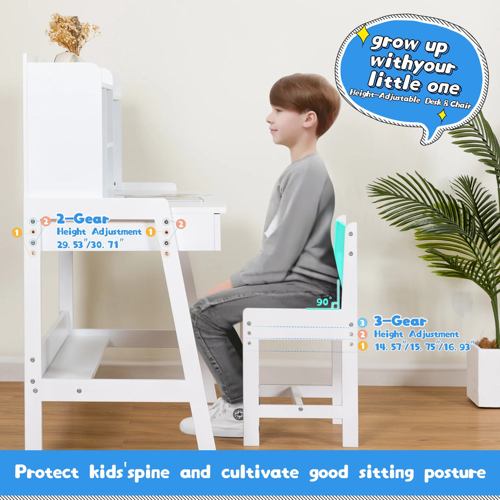 Kids Desk and Chair Set with Drawers, White Wooden Study Desk for Ages 5-12 F251
