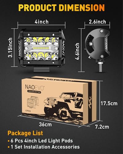 NAOEVO 4 inch LED Pod Lights, 240W, Spot Flood Combo, for Truck ATV UTV Jeep, 4 Pcs P110649