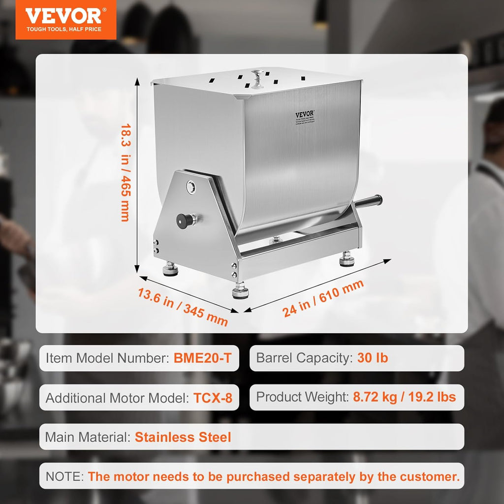 VEVOR Manual Meat Mixer, 30 lb Capacity, Stainless Steel Tilt Tank U2154