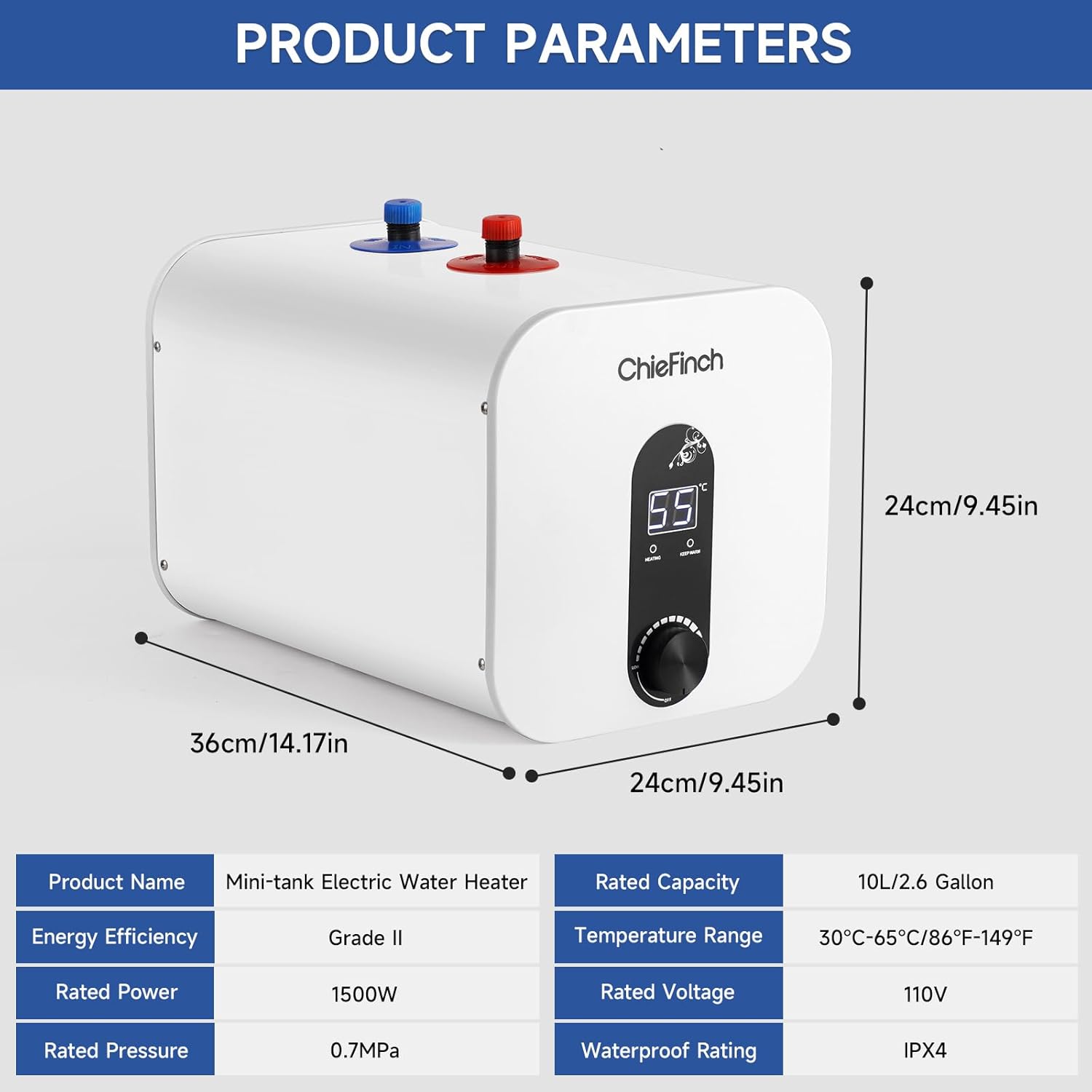 Mini-Tank Electric Under Sink Water Heater 2.6 Gallon, 110V/120V 1500W, White F927624