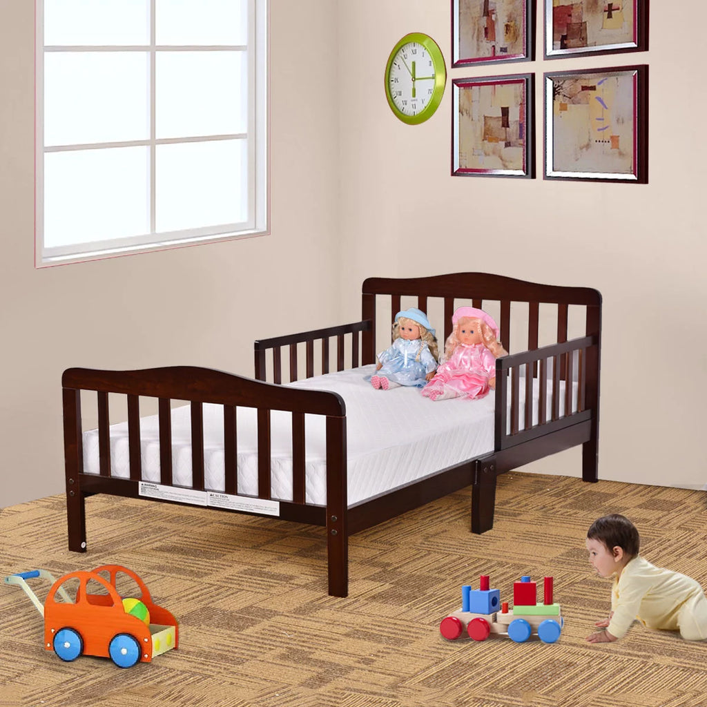 UBesGoo Toddler Wood Bed with Safety Rail Fence, Cherry Z260686