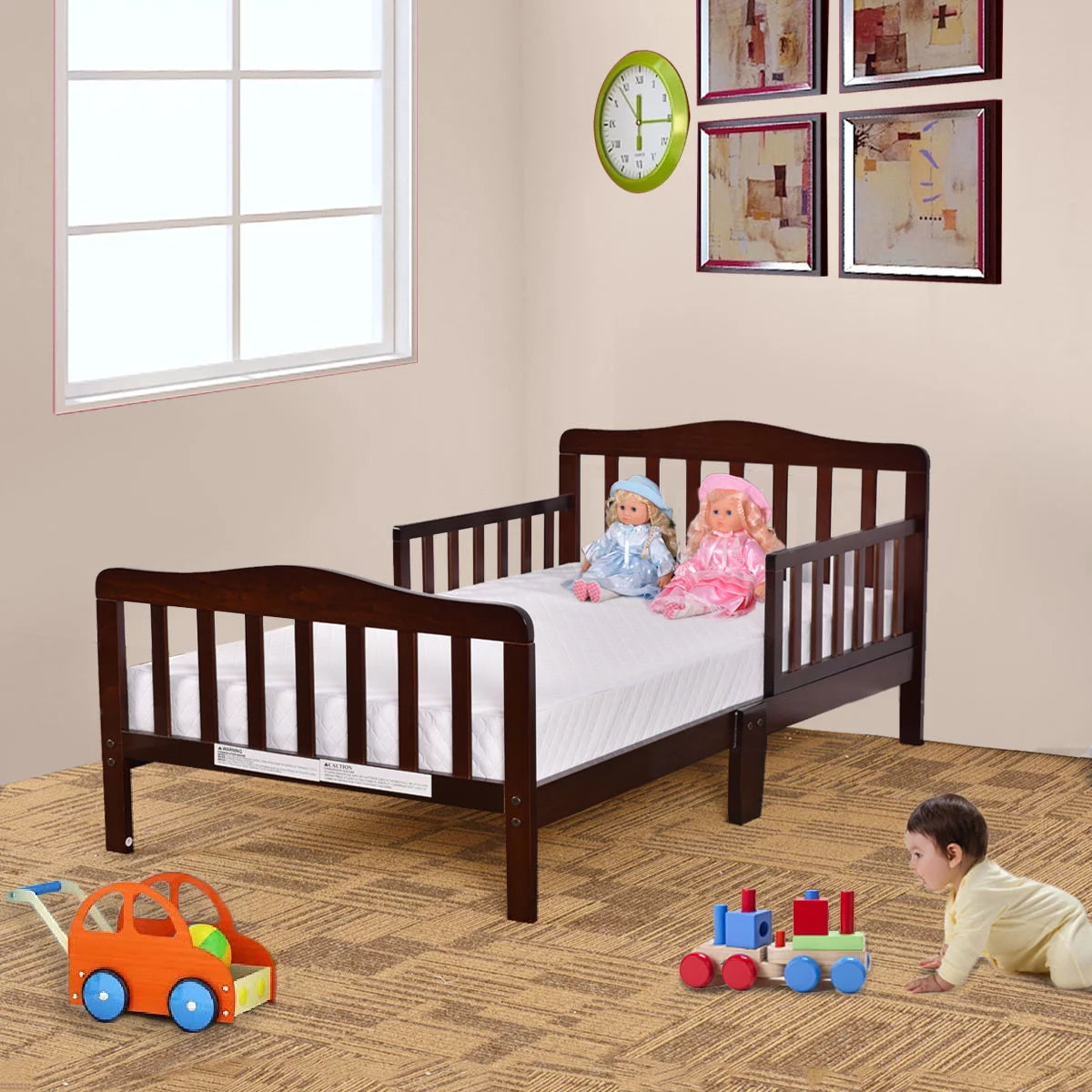 UBesGoo Toddler Wood Bed with Safety Rail Fence, Cherry Z260686