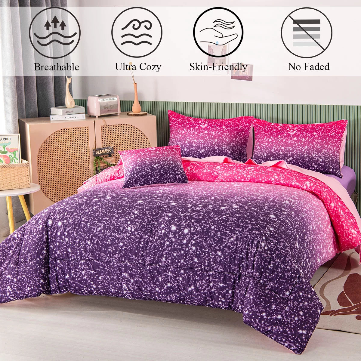 PERFEMET Twin Gradient Pink Purple Glitter Comforter Set for Girls G137325