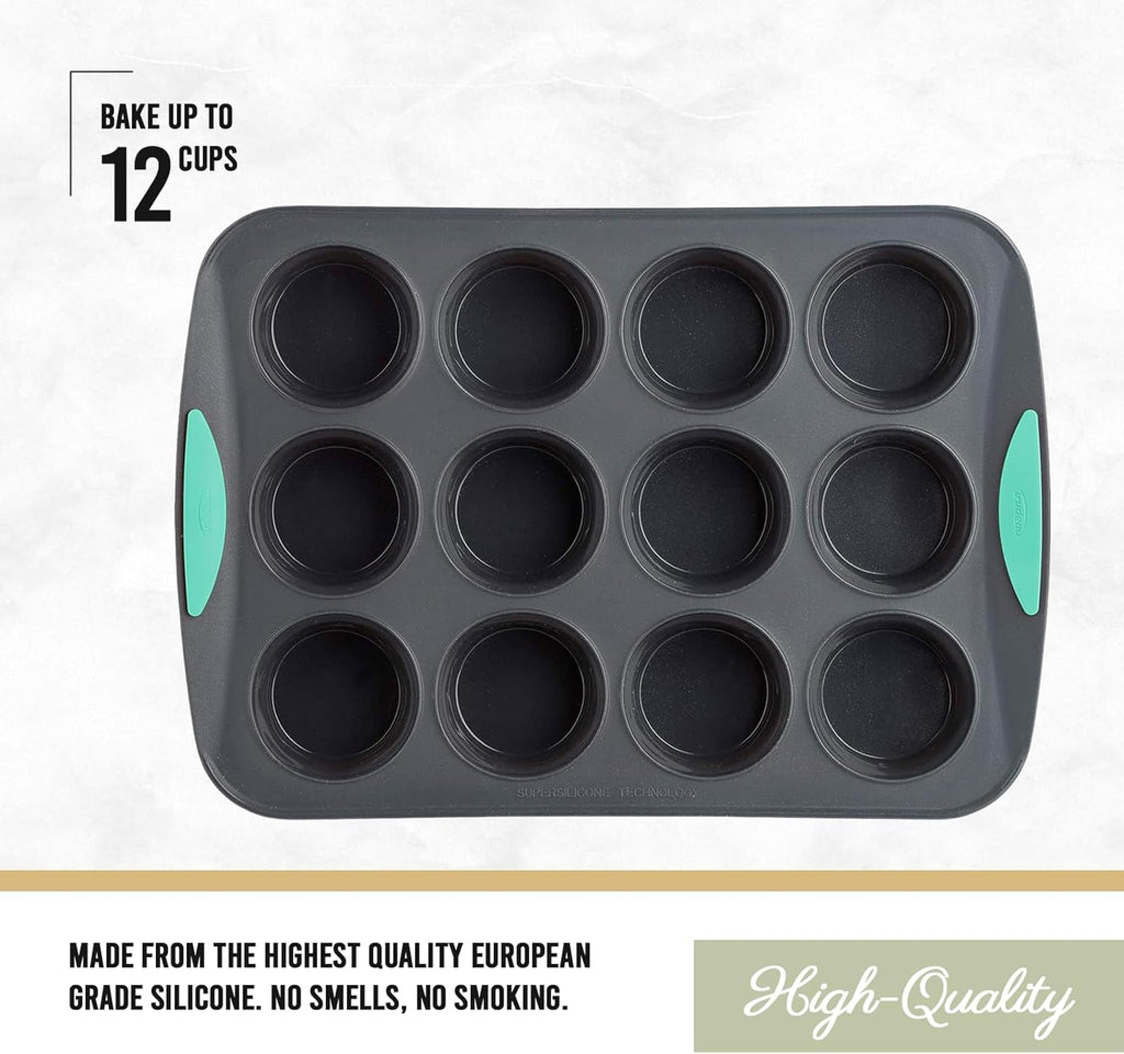 Trudeau Silicone Muffin Pan, 12 Cup, Grey/Mint L742531