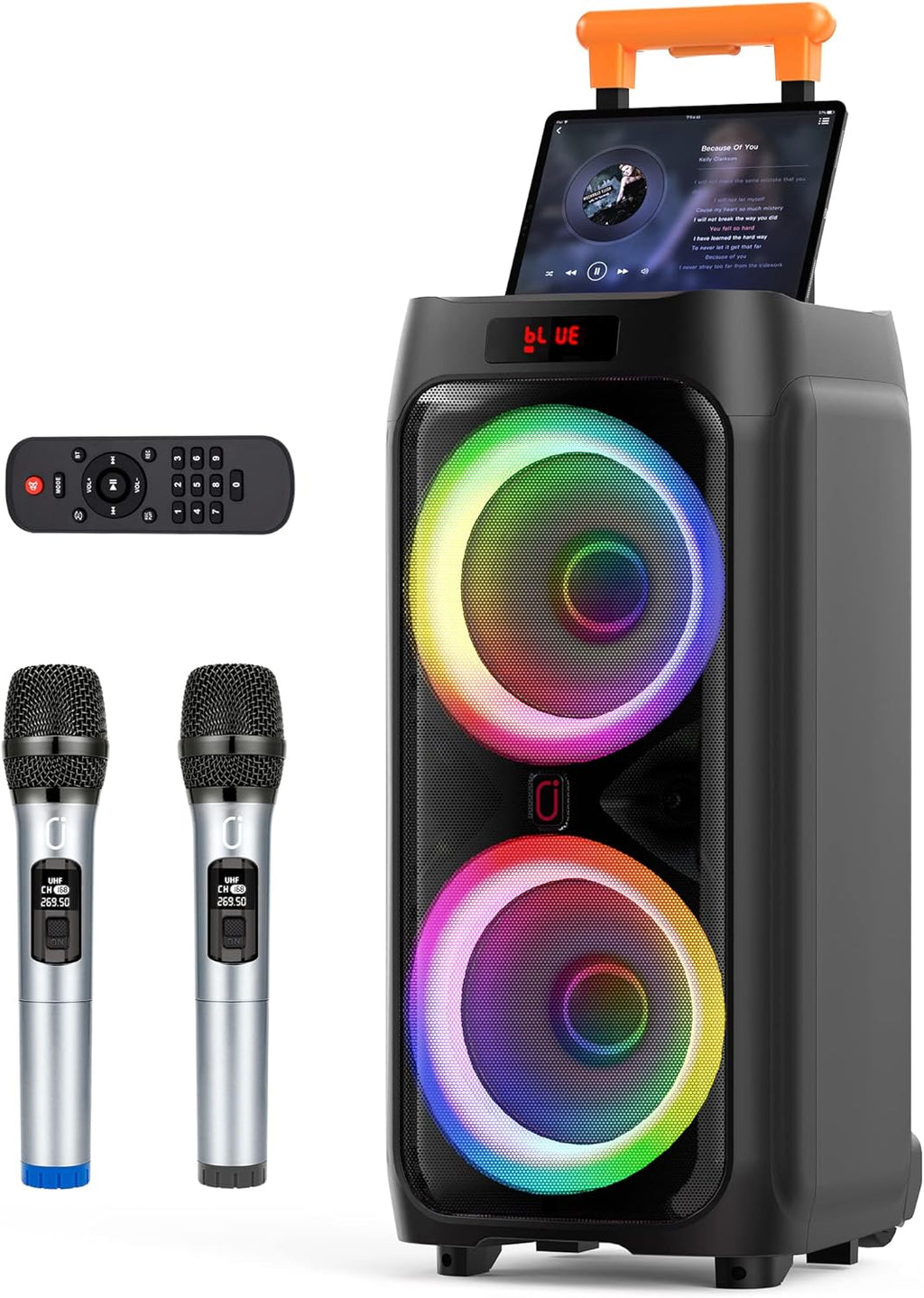 JYX Karaoke Machine with 2 Wireless Microphones for Adults, 8" Big Bluetooth Party Speaker with 500W Peak Power,PA System with DJ Light, Rolling Wheels and Trolley,Perfect for Outdoor