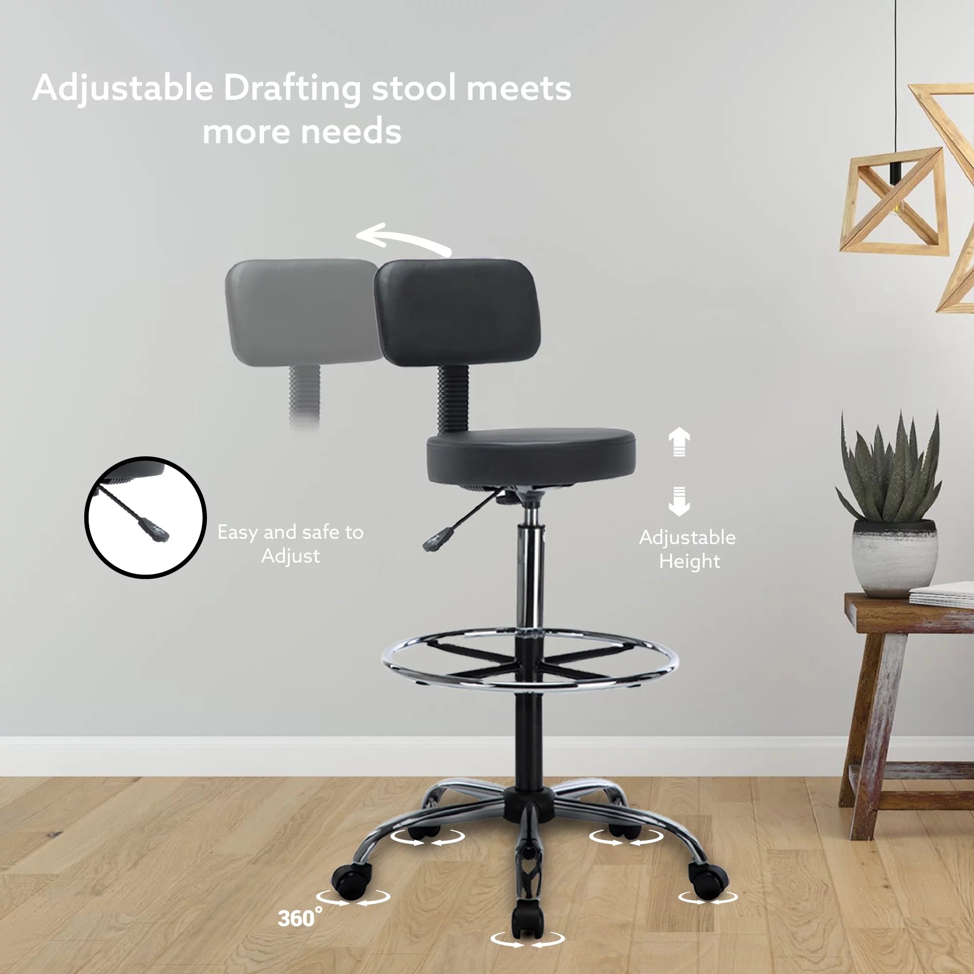 Height Adjustable Drafting Stool with Footrest, Faux Leather, Rolling Wheels by Naomi Home T38183