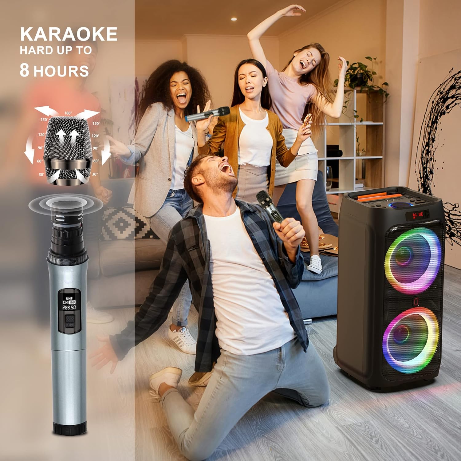 JYX Karaoke Machine with 2 Wireless Microphones, 8" Bluetooth Party Speaker, PA System with DJ Light R73398