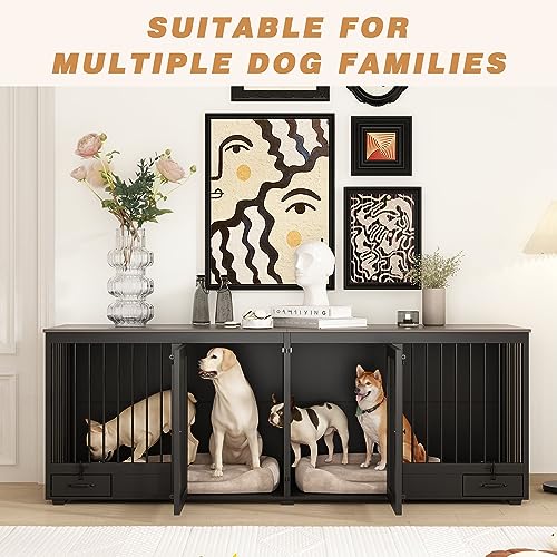 Large Wooden Dog Crate for 2 Dogs with Bowl Drawers, Black Z4354