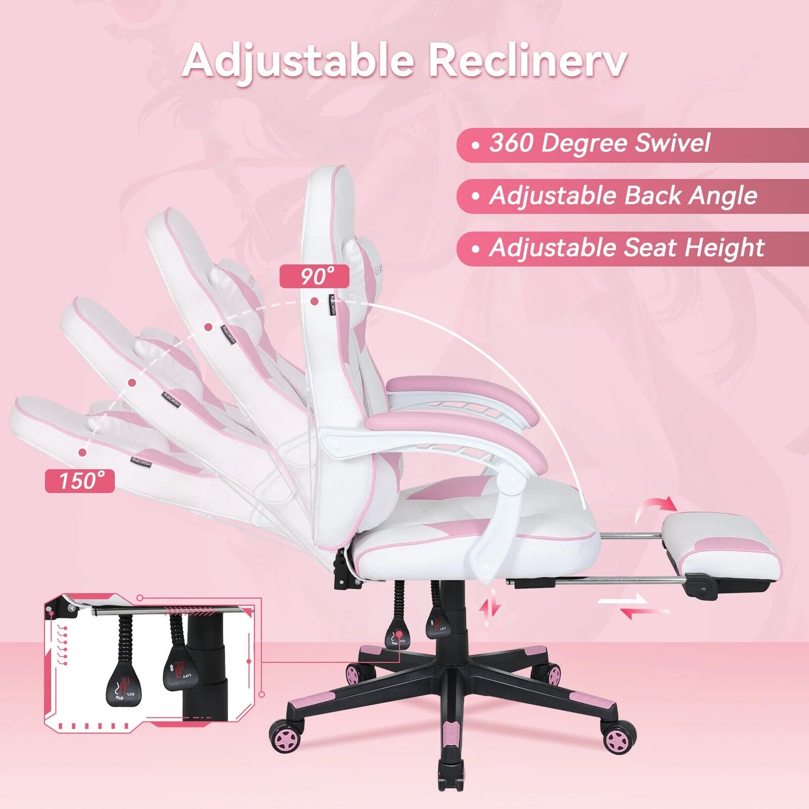 ELECWISH Gaming Chair Adjustable Lumbar Support Swivel Office Chair, Pink T526