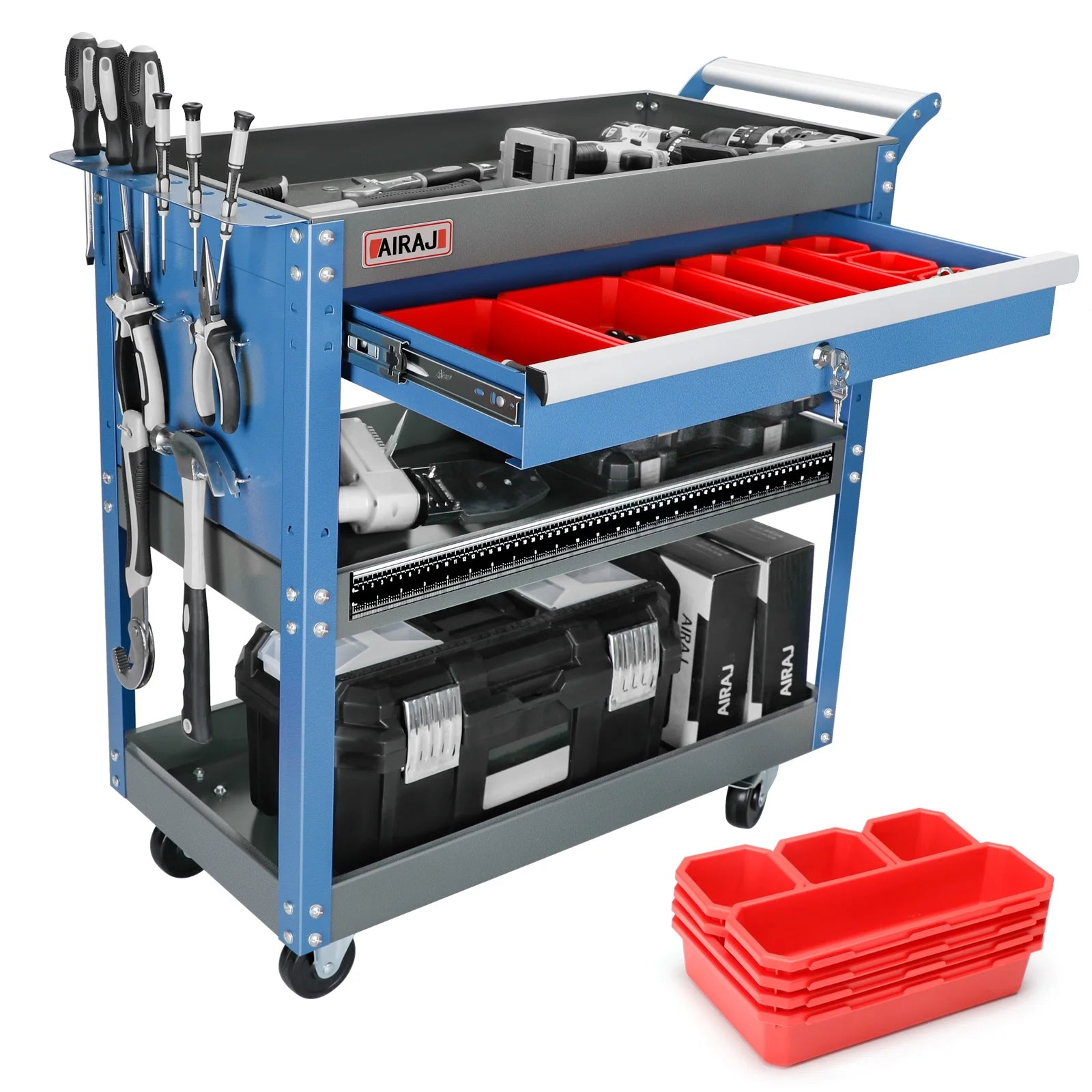 AIRAJ Tool Trolley for Robust 3-Stores,with Hook for Hanging,Non-slip Pearl Set,Ergonomic Handles,Rubber Brake Wheels,Tool Trolley for Home,Workshop Trolley