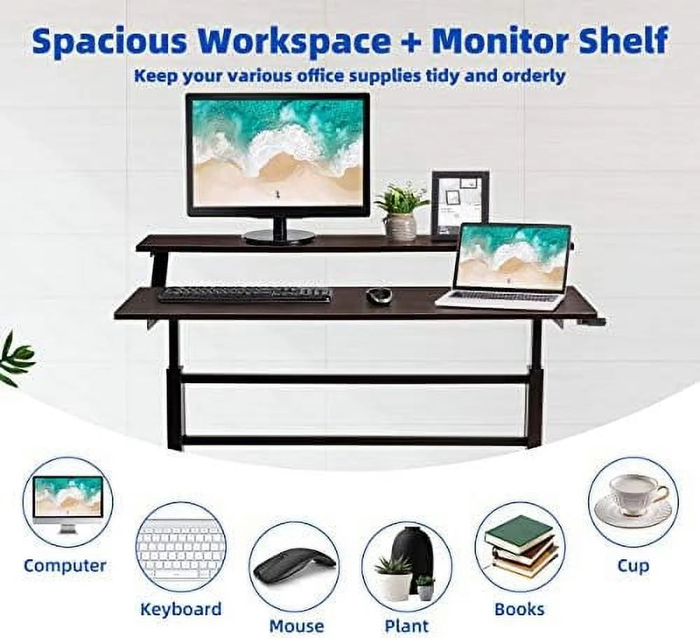 HJZBNONE Standing Desk 2-Tier Adjustable Computer Workstation with Monitor Stand, Brown U316573