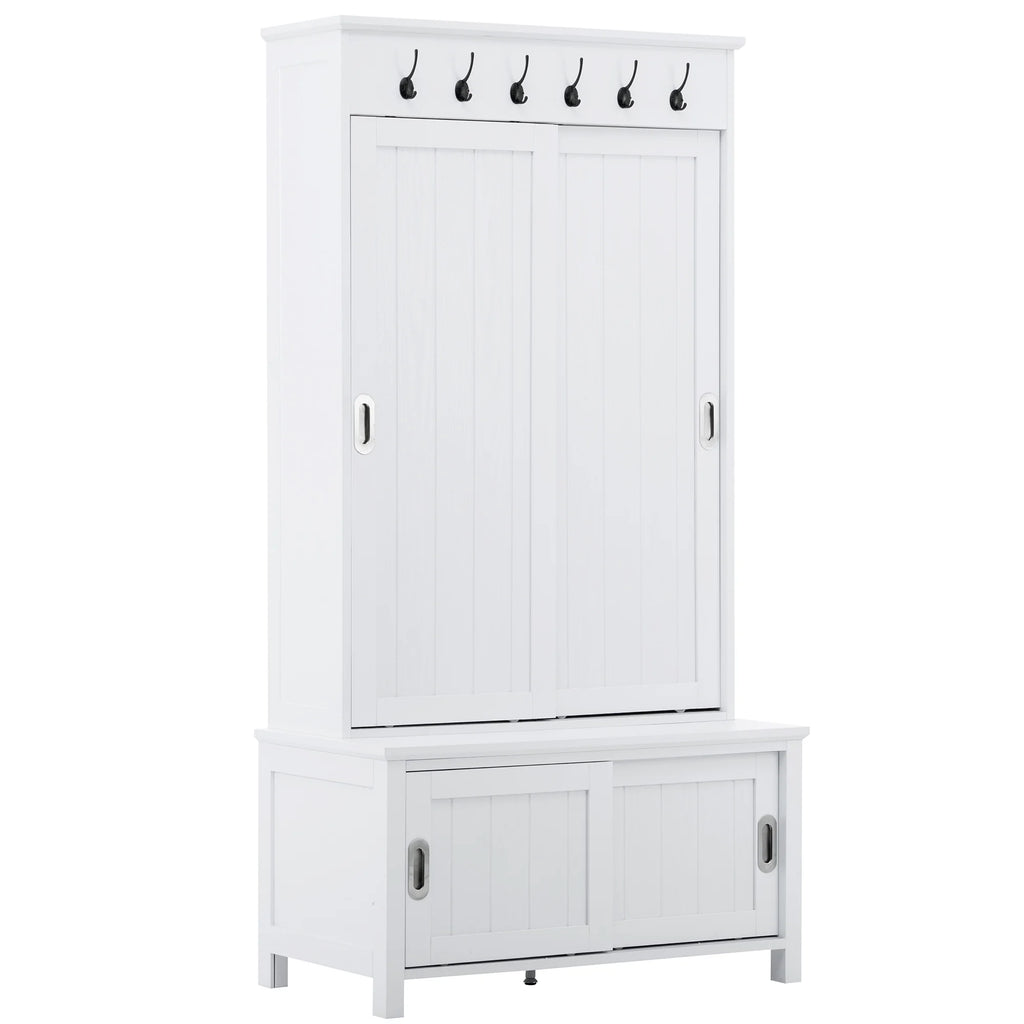 CoSoTower Hall Tree with Sliding Doors and Storage Bench, White H76310
