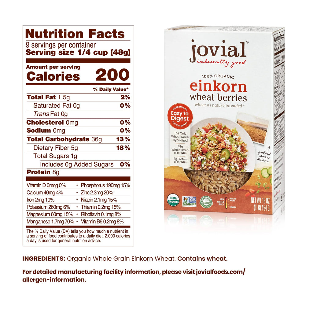 Jovial Einkorn 100% Organic Wheat Berries, Non-GMO, USDA Certified Organic, 16 oz, 3 Pack M844523
