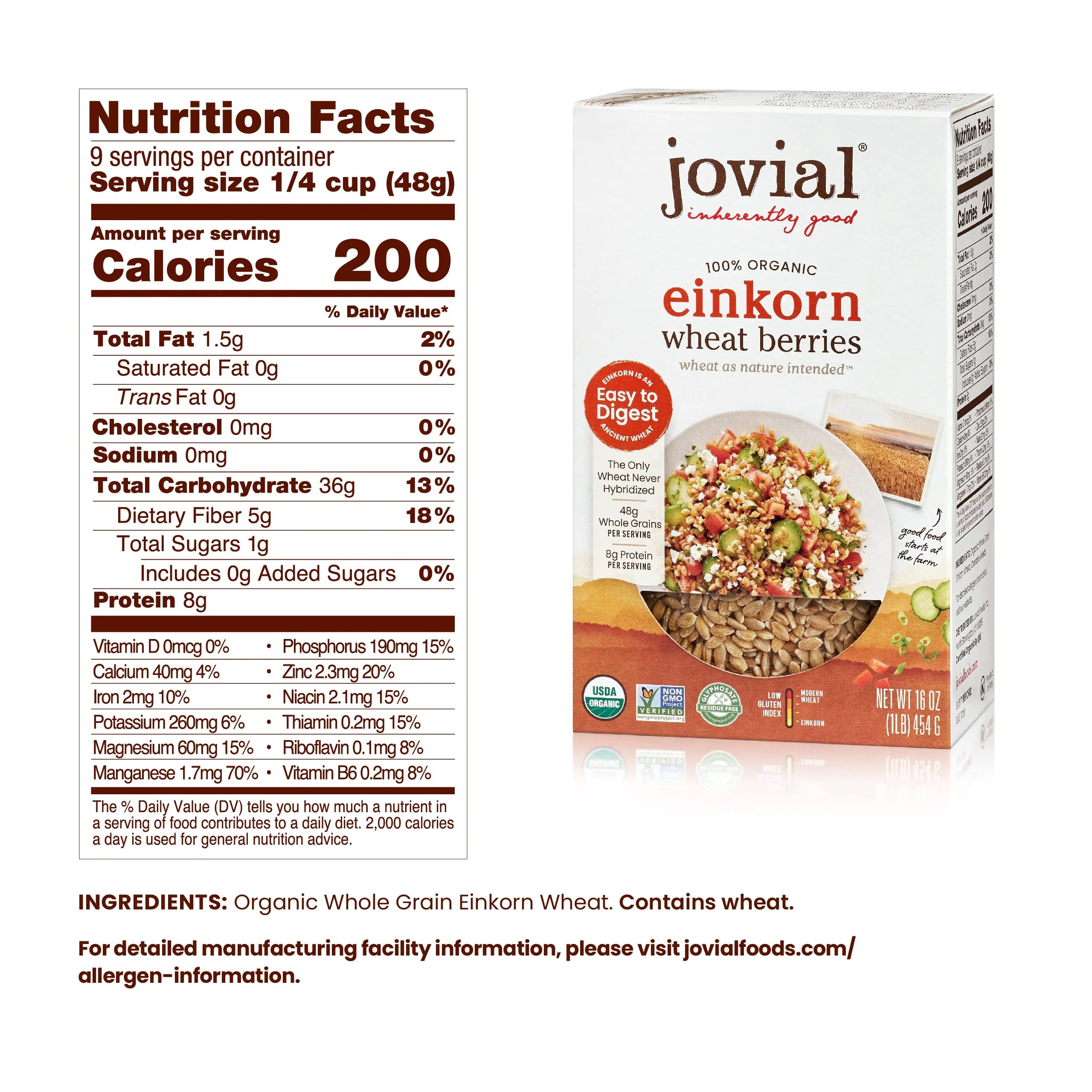 Jovial Einkorn 100% Organic Wheat Berries, Non-GMO, USDA Certified Organic, 16 oz, 3 Pack M844523