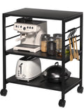 Cheflaud Kitchen Microwave Cart, 3-Tier Kitchen Utility Cart Vintage Rolling Bakers Rack with 5 Hooks for Living Room Decoration