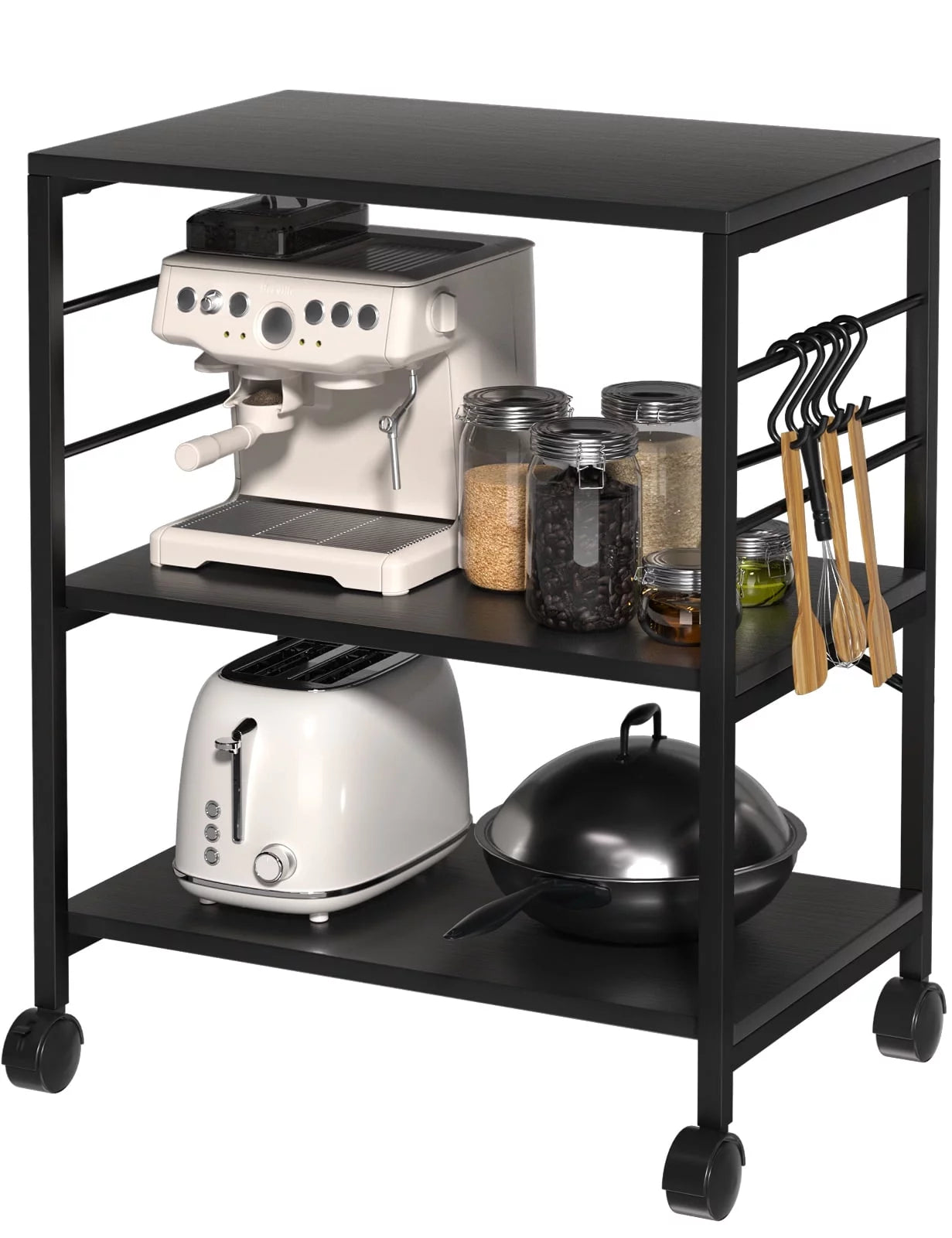 Cheflaud Kitchen Microwave Cart, 3-Tier Kitchen Utility Cart Vintage Rolling Bakers Rack with 5 Hooks for Living Room Decoration