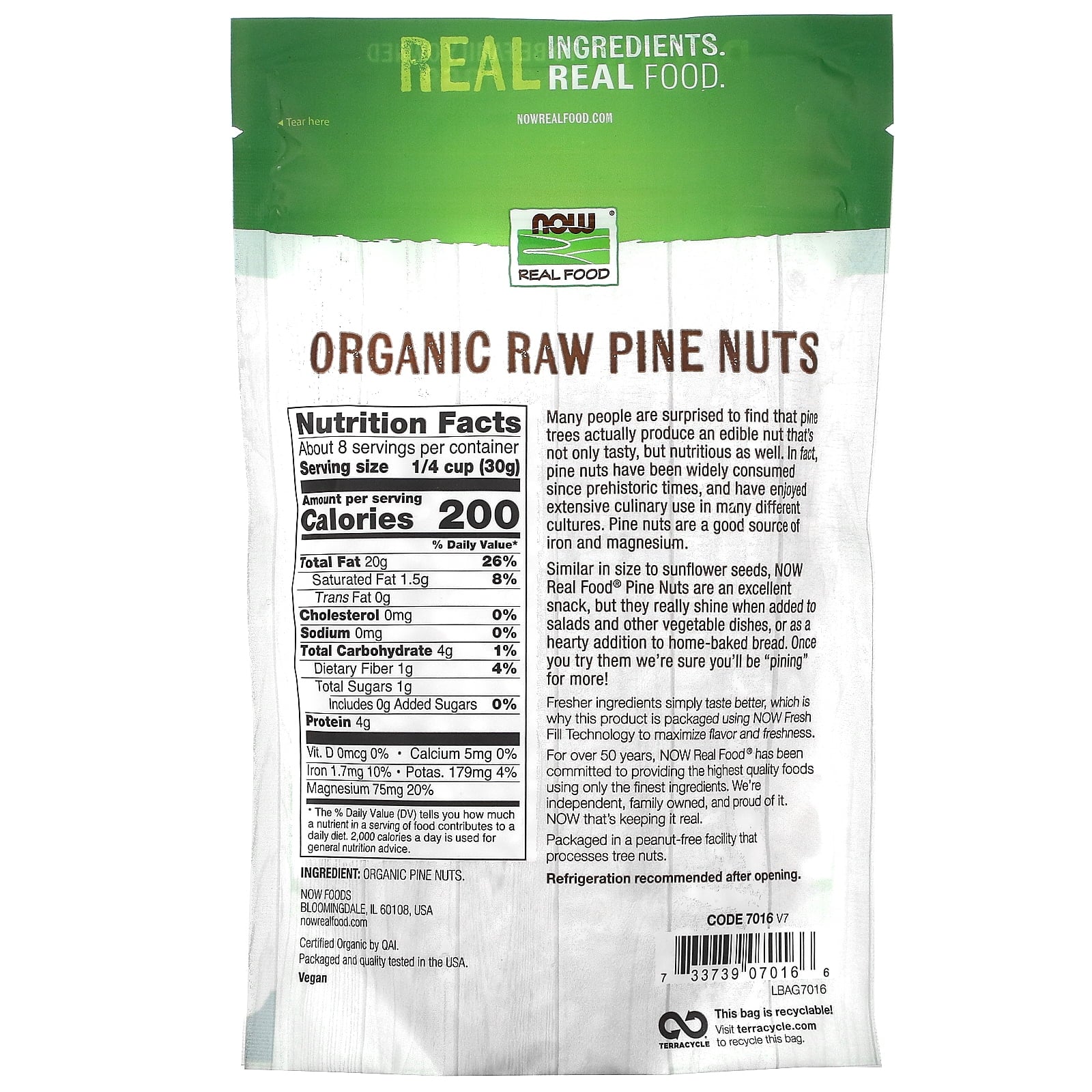 NOW Foods Organic Pine Nuts, Raw Non-GMO, 8 oz J9037