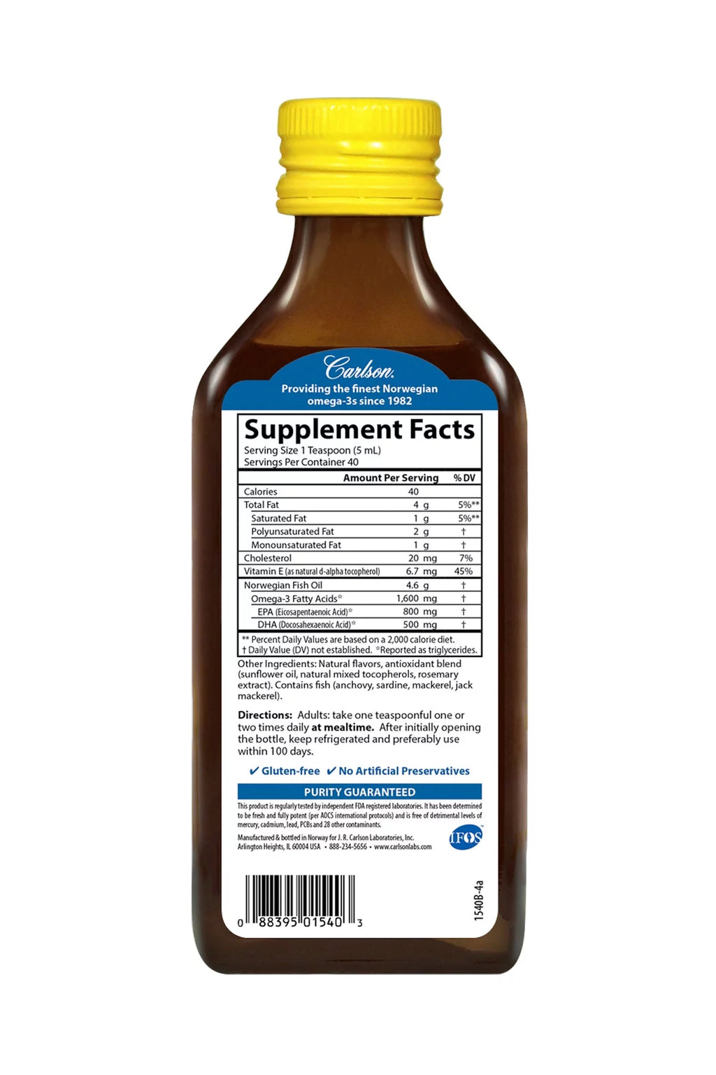 Carlson Norwegian Fish Oil Liquid 1600 mg Omega-3 Lemon 6.7 Fl Oz K48576