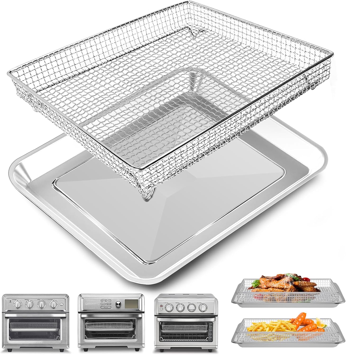 Air Fryer Basket Tray Replacement for Cuisinart TOA-60 TOA-65 TOA-70 Toaster Air Fryer Convection Oven, 12.2 * 11'' Mesh Air Fryer Stainless Steel Basket Wire Rack Accessories Parts, Dishwasher Safe