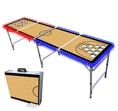 8-Foot Folding Beer Pong Table - Choose Table Model (Base, Cup Holes, LED Lights, Cup Holes & LED Lights) - Basketball Court Edition