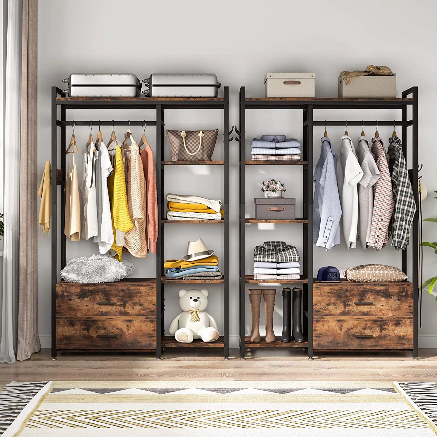 Tribesigns Freestanding Closet Organizer with Drawers and Shelves, Rustic Brown F28099