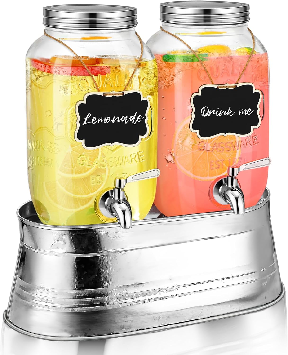 2 Pack 1 Gallon Dual Glass Beverage Drink Dispensers Classic Farmhouse Drink Dispenser for Parties Beverage Dispenser with Stand for Party Picnics Barbecues Water, Juice, Wine, Wedding