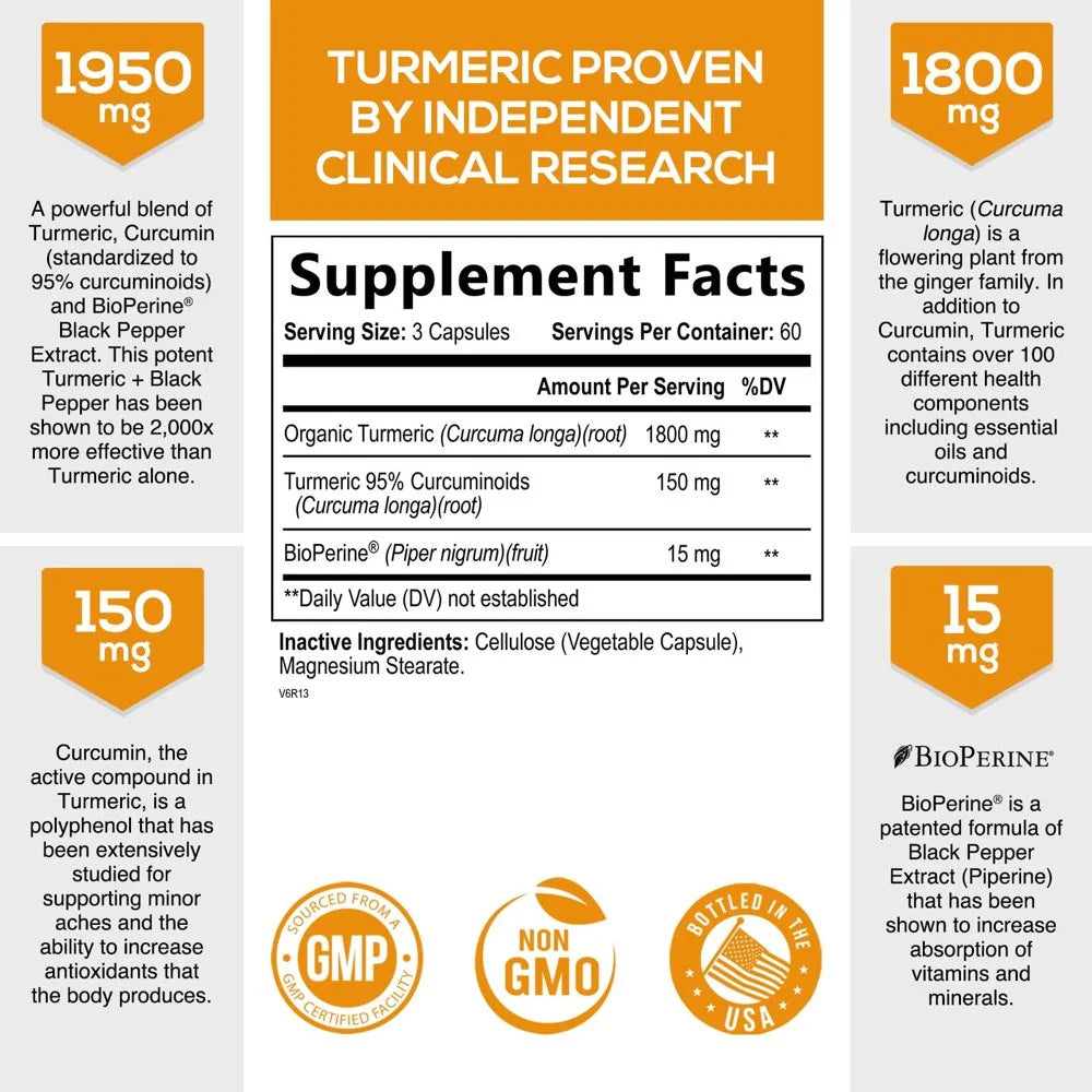 Turmeric Curcumin with BioPerine 1950mg, 95% Curcuminoids, Black Pepper, Non-GMO, 180 Capsules O183
