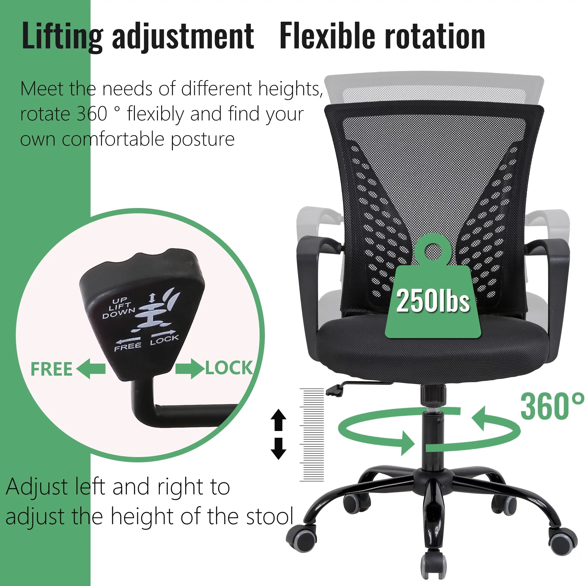 FDW Mesh Office Chair Ergonomic Swivel with Lumbar Support, Black C776