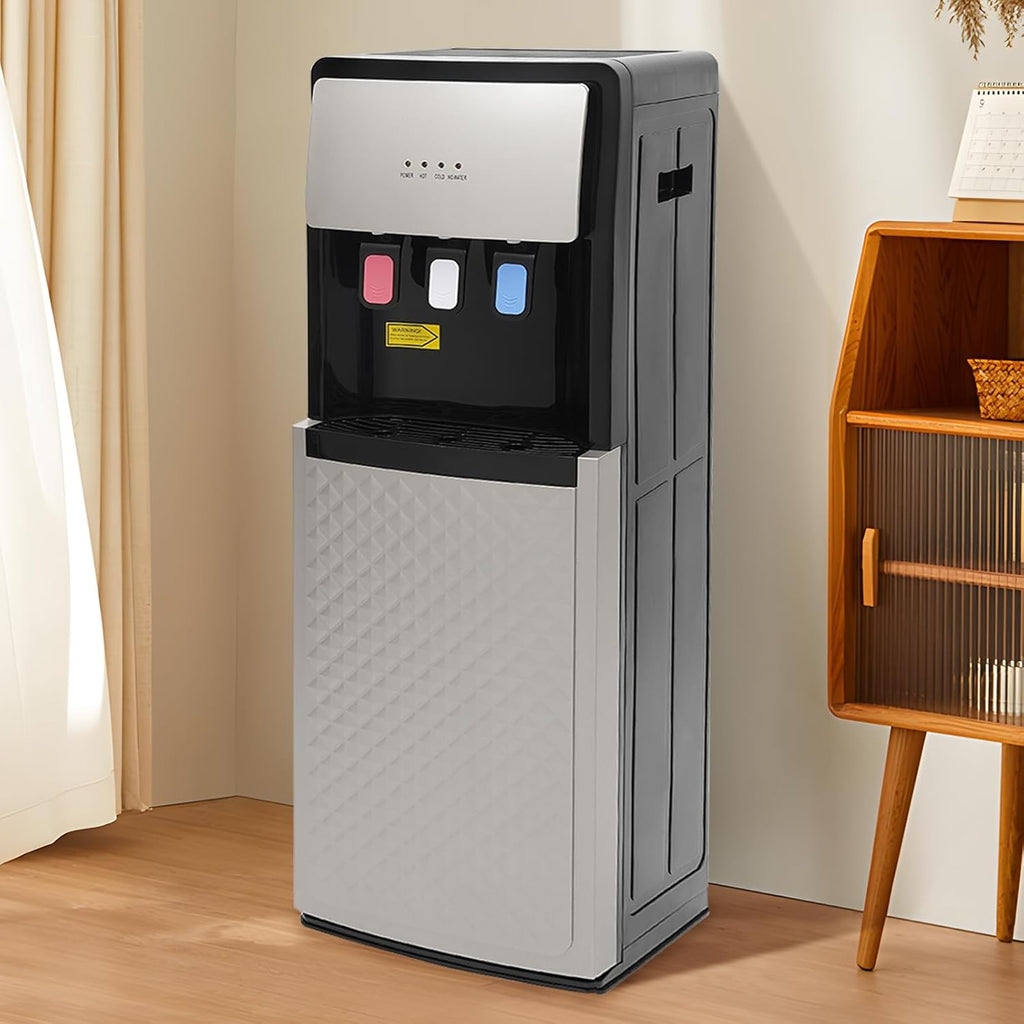 Bottom Loading Water Cooler Dispenser Hot Cold with Storage Cabinet Child Safety Lock Silver Grey P503862